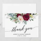 Calligrafie Burgundy Floral Greenery Wedding Bedankkaart (Voorkant / Achterkant)