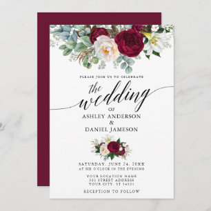 Calligrafie Burgundy Floral Greenery Wedding Kaart