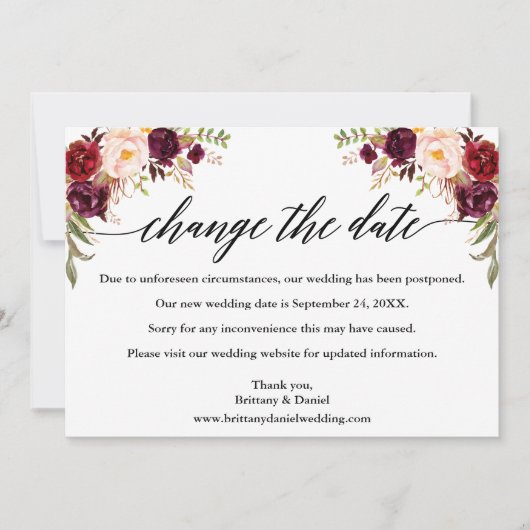 Calligrafie Burgundy Floral New Wedding Date Kaart (Voorkant)
