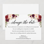 Calligrafie Burgundy Floral New Wedding Date Kaart (Voorkant / Achterkant)