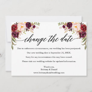 Calligrafie Burgundy Floral New Wedding Date Kaart