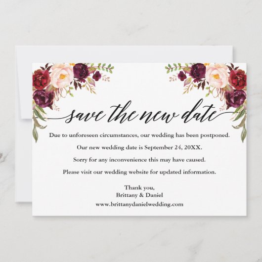 Calligrafie Burgundy Floral redt de nieuwe datum K Save The Date (Voorkant)