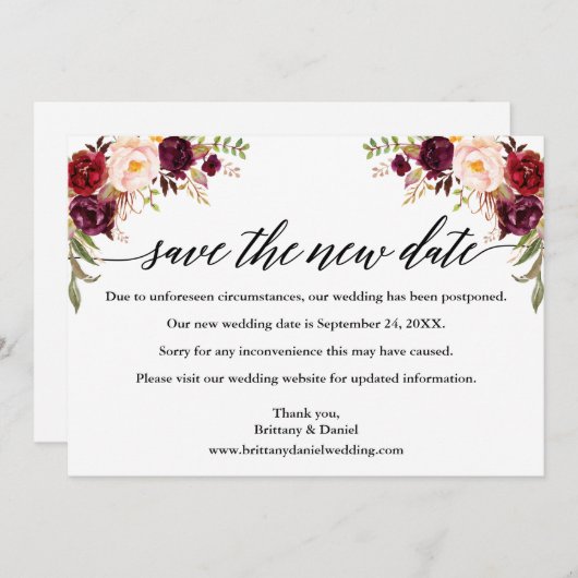 Calligrafie Burgundy Floral redt de nieuwe datum K Save The Date (Voorkant / Achterkant)
