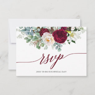 Calligrafie Burgundy Floral RSVP Wedding Kaart