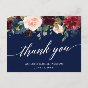 Calligrafie Burgundy Floral Wedding Blue Hartelijk Briefkaart