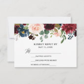 Calligrafie Burgundy Floral Wedding Blue RSVP Kaartje (Achterkant)