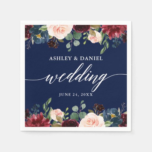 Calligrafie Burgundy Floral Wedding Blue Servet (Voorkant)