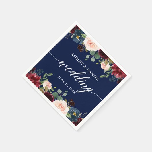 Calligrafie Burgundy Floral Wedding Blue Servet (Hoek)