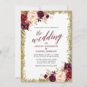 Calligrafie Burgundy Floral Wedding Gold Glitter Kaart (Voorkant)