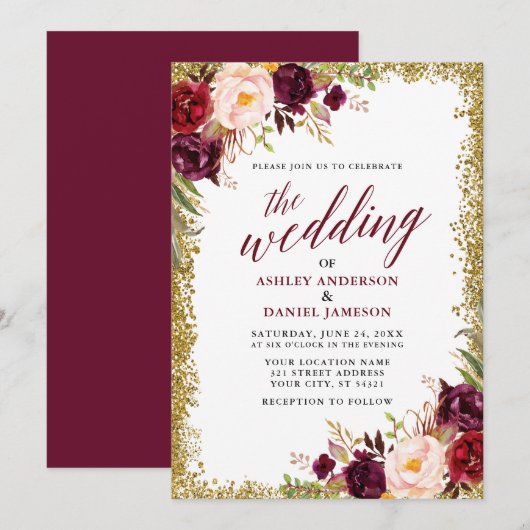 Calligrafie Burgundy Floral Wedding Gold Glitter Kaart (Voorkant / Achterkant)
