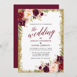 Calligrafie Burgundy Floral Wedding Gold Glitter Kaart