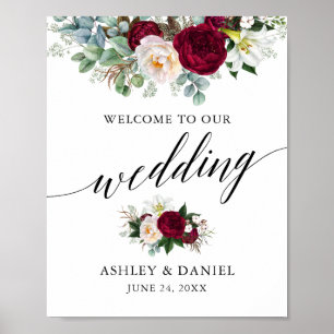 Calligrafie Burgundy Floral Wedding Welkom Poster
