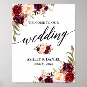 Calligrafie Burgundy Floral Wedding Welkom Poster