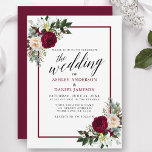 Calligrafie Burgundy Lijst Greenery Floral Wedding Kaart<br><div class="desc">Moderne kalligrafie-script,  Elegant Waterverf Burgundy Floral,  Greenery,  Burgundy Lijst Wedding Invitation omvat pinda's,  eucalyptusbladeren en andere mooie groenery. Bourgogne en zwarte tekst.</div>