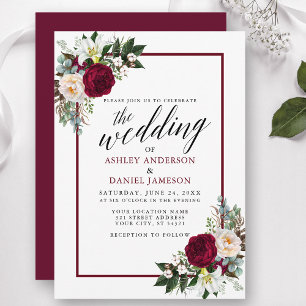 Calligrafie Burgundy Lijst Greenery Floral Wedding Kaart