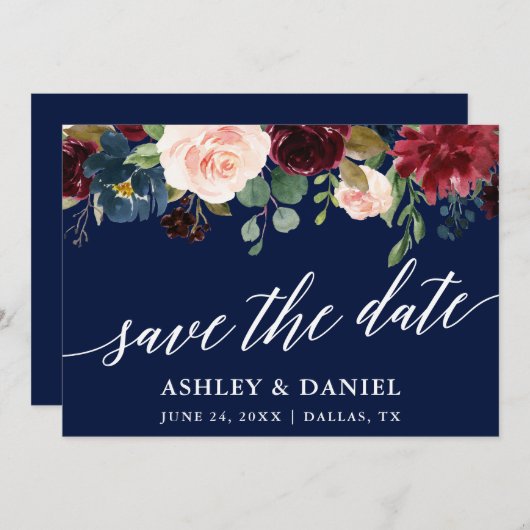 Calligrafie Burgundy redt de datum blauwe Kaart (Voorkant / Achterkant)