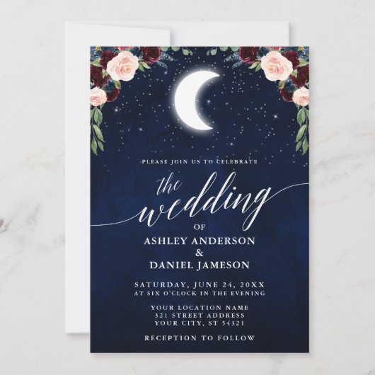 Calligrafie Celestial Moon Stars Floral Wedding Kaart (Voorkant)