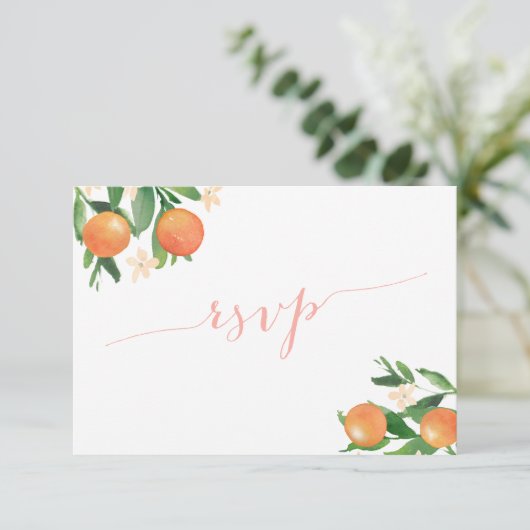 Calligrafie Citrus Sinaasappels Koraal Roze Maalti RSVP Kaartje (Staand voorkant)