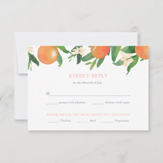 Calligrafie Citrus Sinaasappels Koraal Roze Maalti RSVP Kaartje (Achterkant)