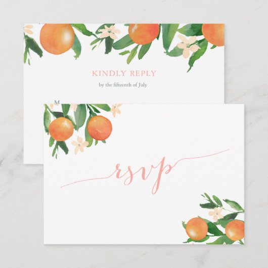 Calligrafie Citrus Sinaasappels Koraal Roze Maalti RSVP Kaartje (Voorkant / Achterkant)