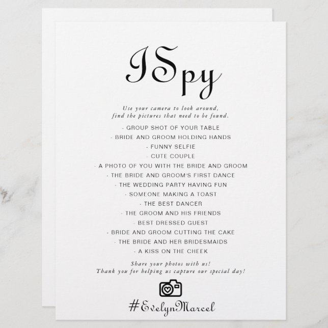 Calligrafie Classic minimalist I Spy Wedding Game (Voorkant / Achterkant)