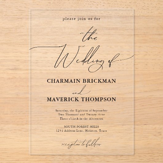 Calligrafie Classy Wedding Acryl Uitnodigingen (Voorkant)