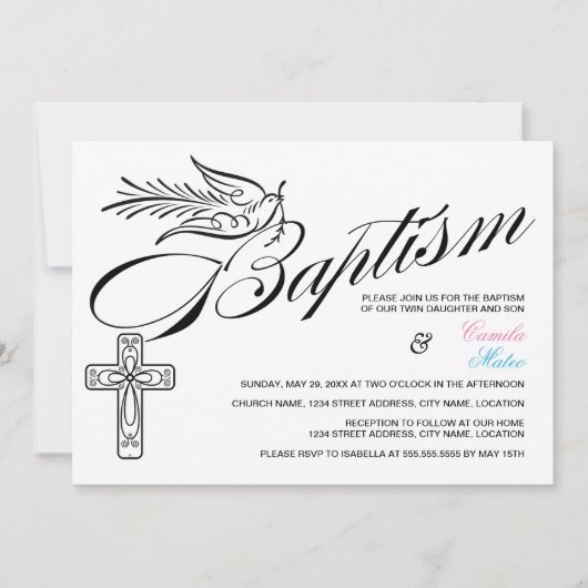Calligrafie Cross- en Dove Baptism Twins Kaart (Voorkant)