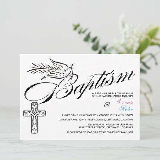 Calligrafie Cross- en Dove Baptism Twins Kaart (Staand voorkant)