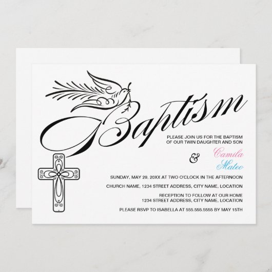 Calligrafie Cross- en Dove Baptism Twins Kaart (Voorkant / Achterkant)