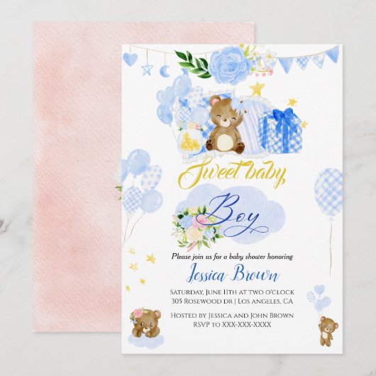 Calligrafie Cute blue beer baby shower uitnodiging (Voorkant / Achterkant)