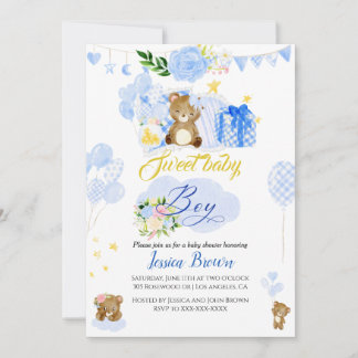 Calligrafie Cute blue beer baby shower uitnodiging