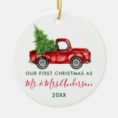 Calligrafie de heer Mrs. First Kerstred Truck Keramisch Ornament (Voorkant)