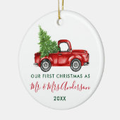 Calligrafie de heer Mrs. First Kerstred Truck Keramisch Ornament (Links)
