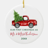 Calligrafie de heer Mrs. First Kerstred Truck Keramisch Ornament (Achterkant)