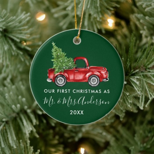 Calligrafie de heer Mrs. First Kersttruck Green Keramisch Ornament (Boom)