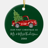 Calligrafie de heer Mrs. First Kersttruck Green Keramisch Ornament (Voorkant)