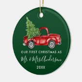 Calligrafie de heer Mrs. First Kersttruck Green Keramisch Ornament (Links)