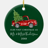 Calligrafie de heer Mrs. First Kersttruck Green Keramisch Ornament (Achterkant)