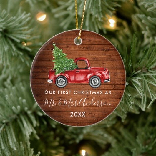 Calligrafie de heer Mrs First Kerstwood Truck Keramisch Ornament (Boom)