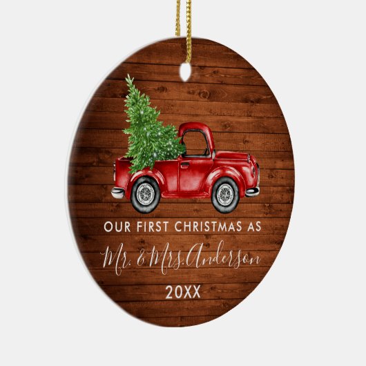 Calligrafie de heer Mrs First Kerstwood Truck Keramisch Ornament (Rechts)