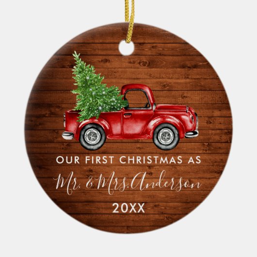 Calligrafie de heer Mrs First Kerstwood Truck Keramisch Ornament (Voorkant)