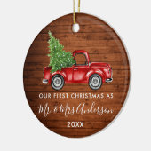 Calligrafie de heer Mrs First Kerstwood Truck Keramisch Ornament (Links)