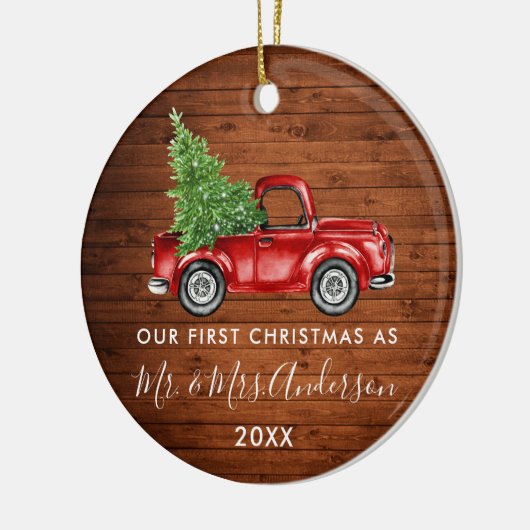 Calligrafie de heer Mrs First Kerstwood Truck Keramisch Ornament (Links)