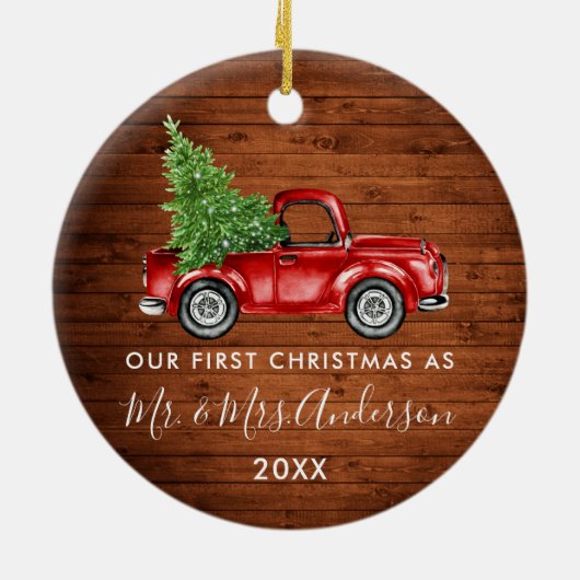 Calligrafie de heer Mrs First Kerstwood Truck Keramisch Ornament (Achterkant)