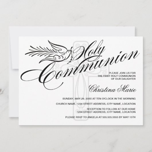 Calligrafie Dove en Cross First Heilige Communie Kaart (Voorkant)