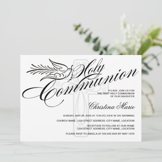 Calligrafie Dove en Cross First Heilige Communie Kaart (Staand voorkant)