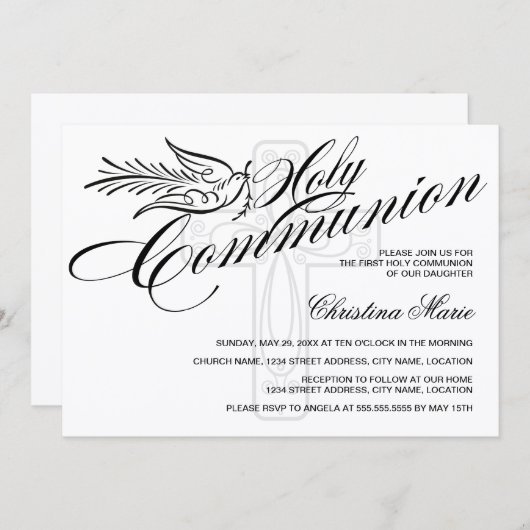 Calligrafie Dove en Cross First Heilige Communie Kaart (Voorkant / Achterkant)