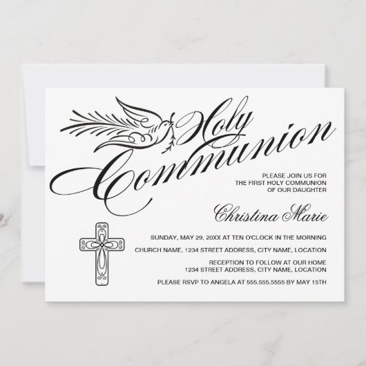Calligrafie Dove en Cross First Heilige Communie Kaart (Voorkant)