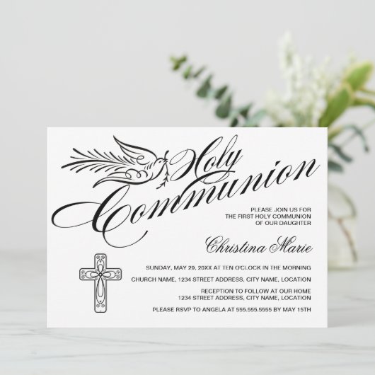 Calligrafie Dove en Cross First Heilige Communie Kaart (Staand voorkant)