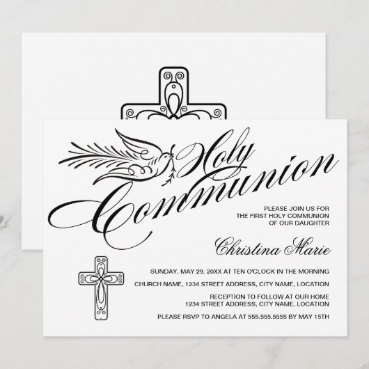 Calligrafie Dove en Cross First Heilige Communie Kaart (Voorkant / Achterkant)